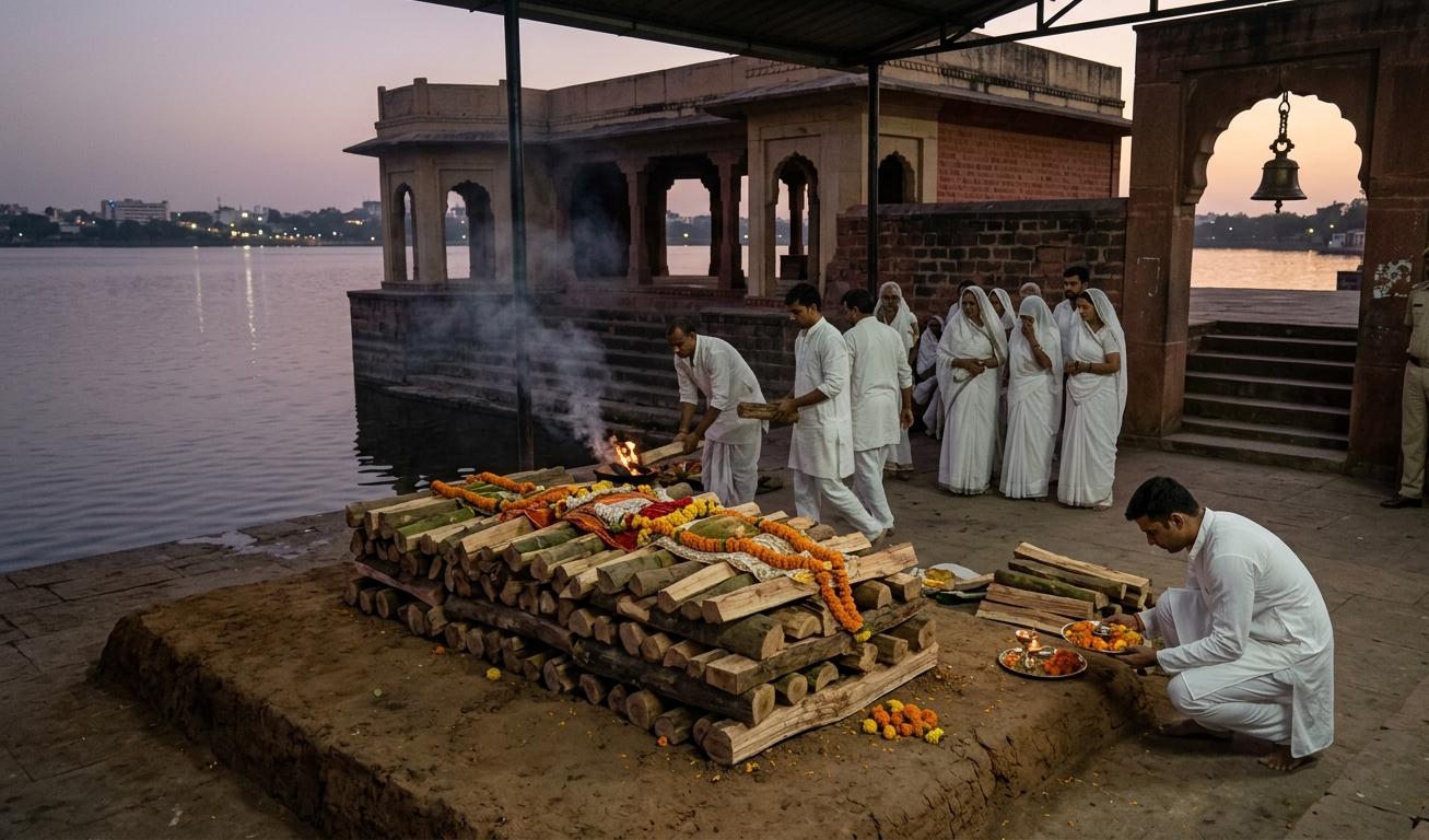 भोपाल के भदभदा घाट पर अंतिम संस्कार की तैयारी करते हुए सफेद कपड़ों में लोग, पवित्र चिता, और पास में तैनात पुलिसकर्मी।