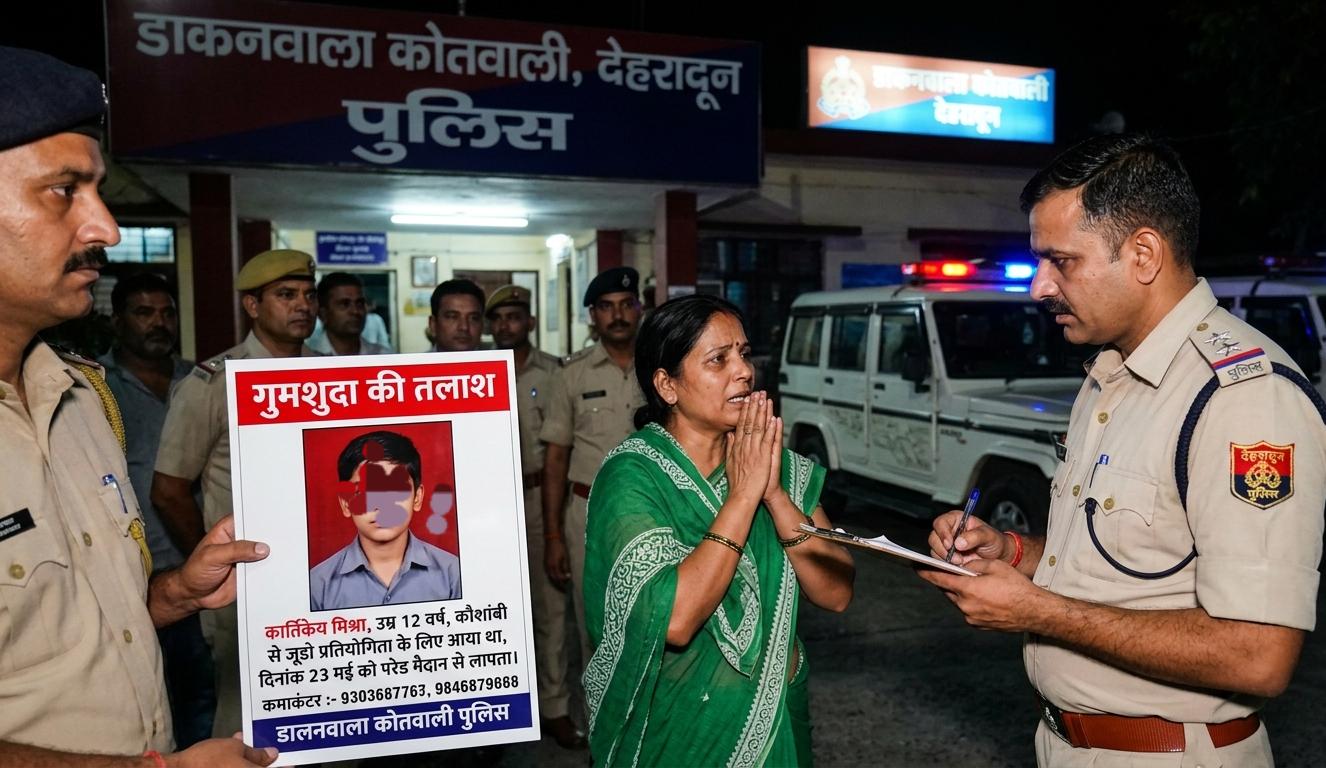 देहरादून के डालनवाला कोतवाली पुलिस स्टेशन के बाहर लापता जूडो खिलाड़ी कार्तिकेय मिश्रा का पोस्टर हाथ में लिए पुलिसकर्मी और रोते हुए परिजन