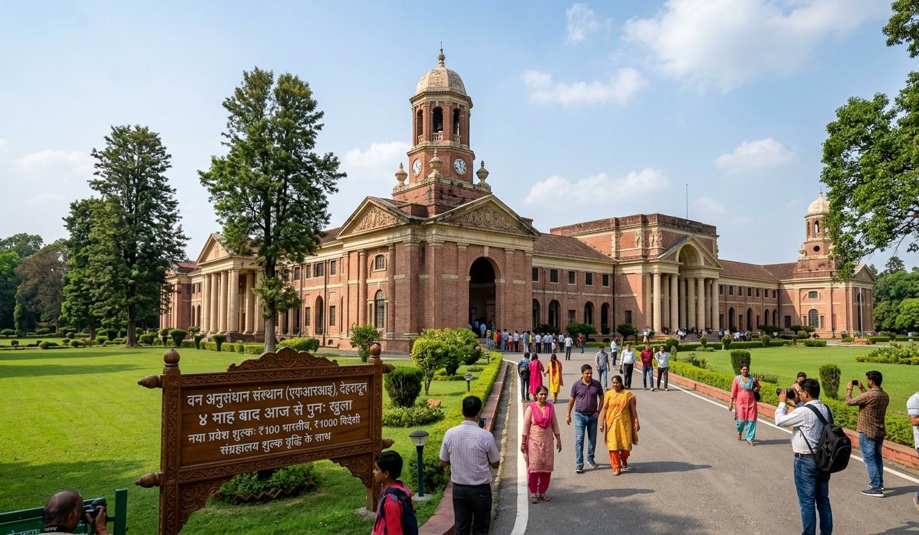 देहरादून में वन अनुसंधान संस्थान (FRI) के मुख्य ऐतिहासिक भवन का दृश्य, जहाँ सामने लगे एक लकड़ी के बोर्ड पर हिंदी में '४ माह बाद आज से पुनः खुला' और नई प्रवेश दरें ₹100 लिखी हैं, और परिसर में पर्यटक घूम रहे हैं।