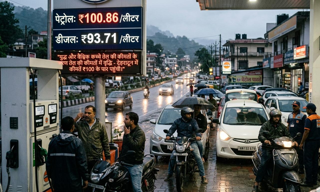 देहरादून के पेट्रोल पंप पर लगी वाहनों की कतार और डिजिटल बोर्ड पर ₹100 के पार पेट्रोल की नई कीमतें