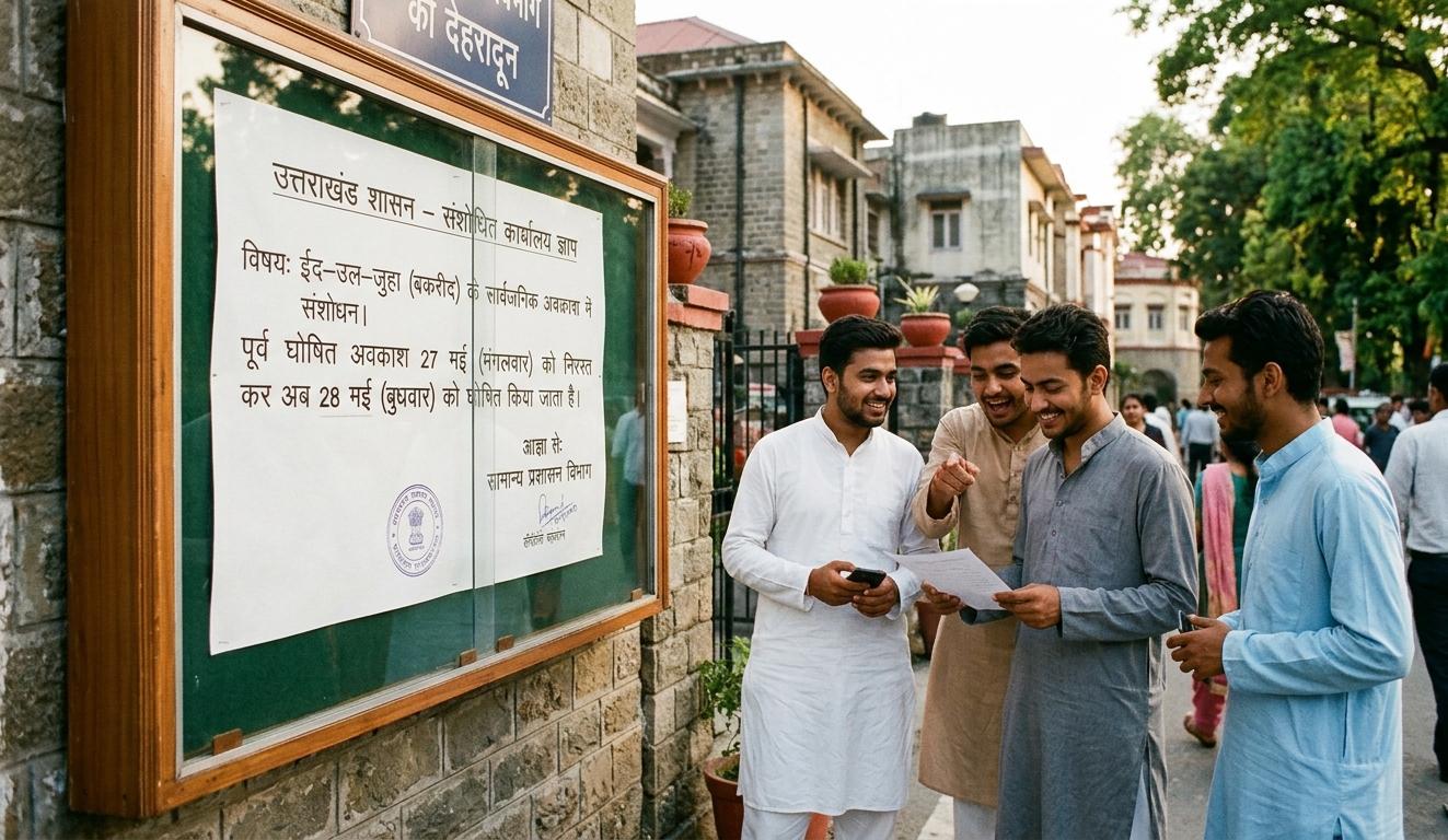 उत्तराखंड शासन का बकरीद अवकाश संशोधित आदेश नोटिस बोर्ड पर देखते लोग