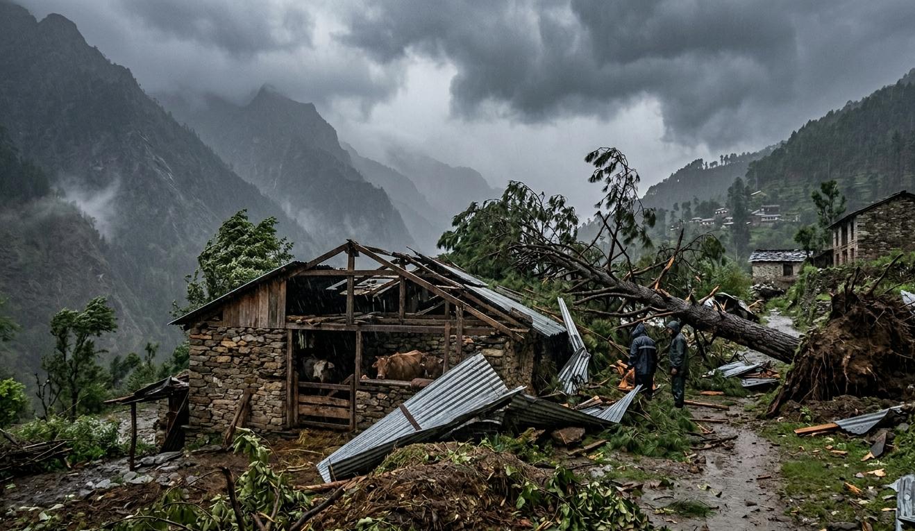 उत्तराखंड के पहाड़ी इलाके में आंधी-तूफान के कारण क्षतिग्रस्त हुई गौशाला और गिरे हुए पेड़।