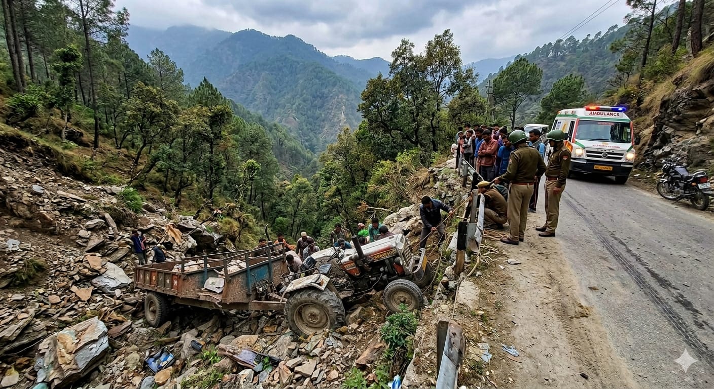 अल्मोड़ा में गहरी खाई में गिरे ट्रैक्टर ट्रॉला के पास रेस्क्यू ऑपरेशन चलाती पुलिस और स्थानीय ग्रामीण।