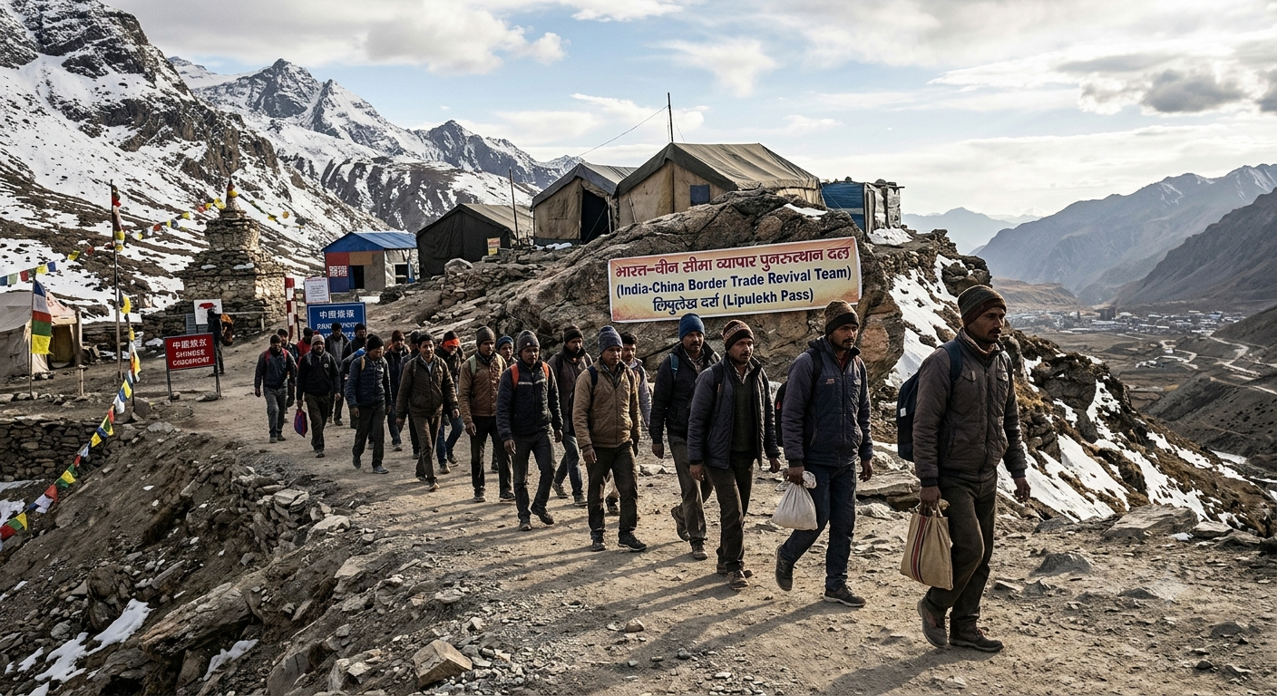 Indian traders walking towards the Lipulekh border pass to reach Taklakot market in Tibet