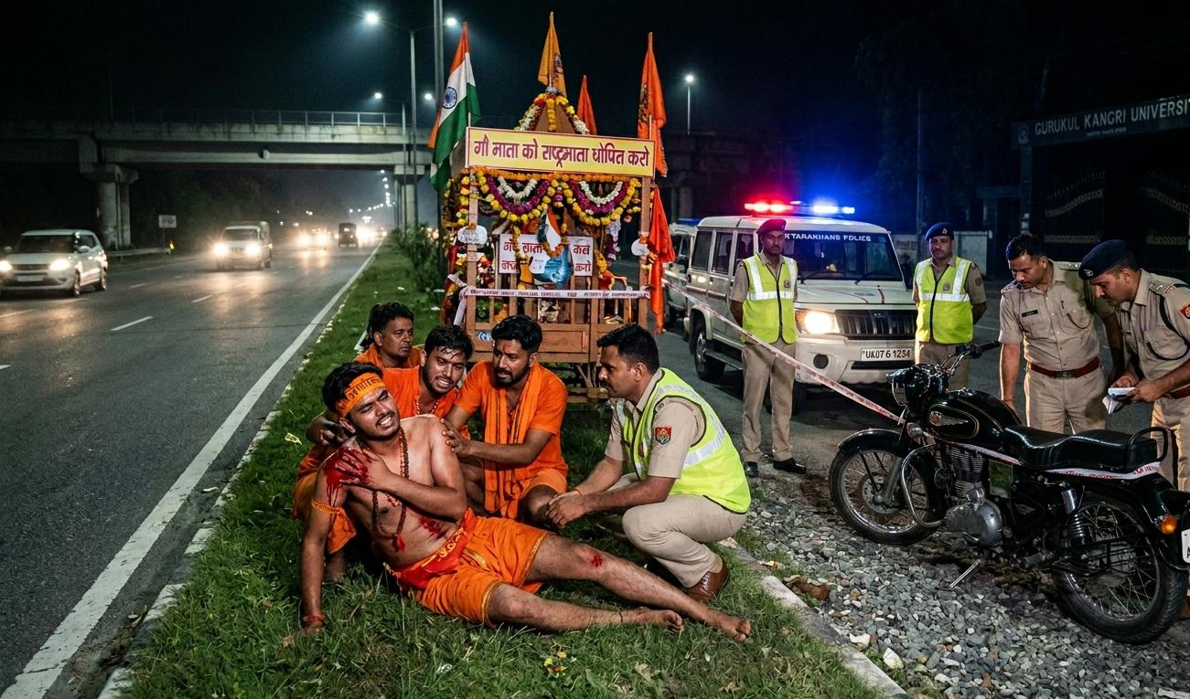 हरिद्वार हाईवे पर घायल कांवड़ यात्री की मदद करते साथी और जांच करती उत्तराखंड पुलिस