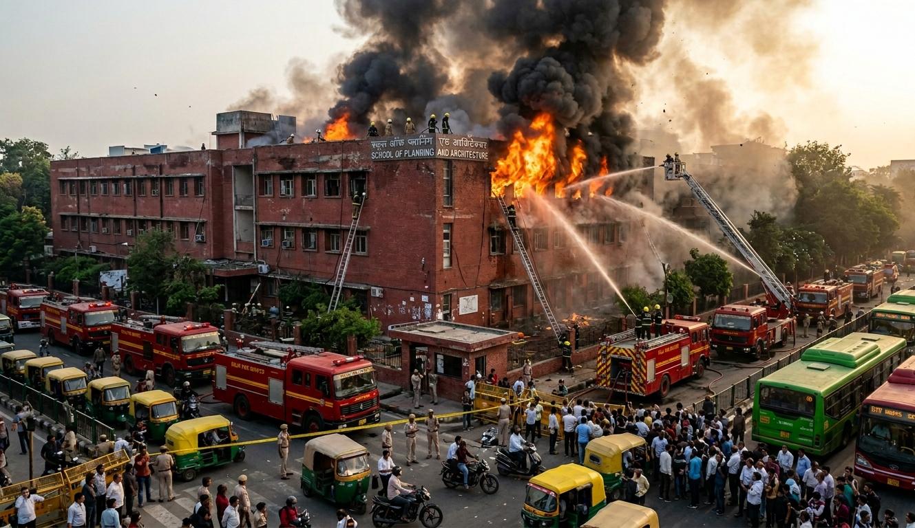 दिल्ली के आईटीओ में स्कूल ऑफ प्लानिंग एंड आर्किटेक्चर की इमारत में लगी भीषण आग और बुझाती दमकल की गाड़ियां।