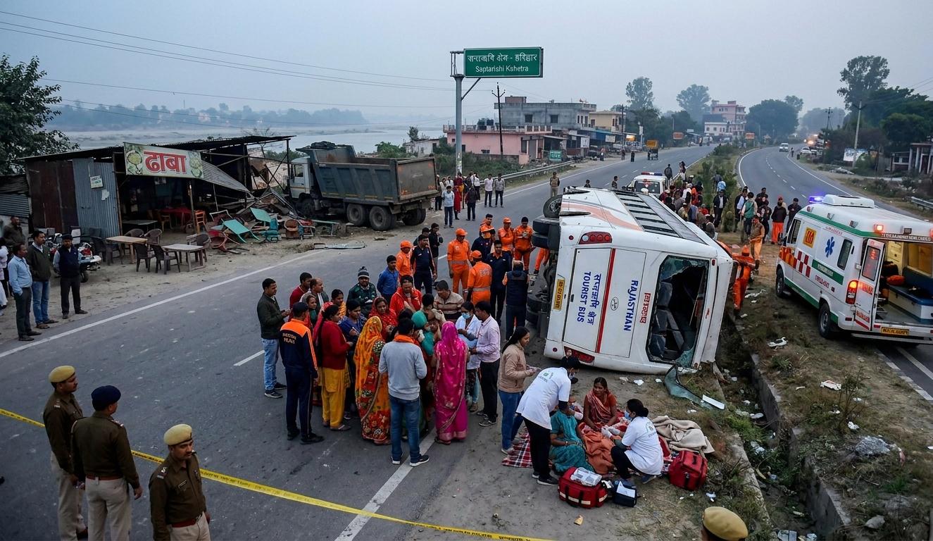 हरिद्वार के सप्तऋषि क्षेत्र में पलटी श्रद्धालुओं की बस और बचाव कार्य में जुटी पुलिस व एम्बुलेंस।