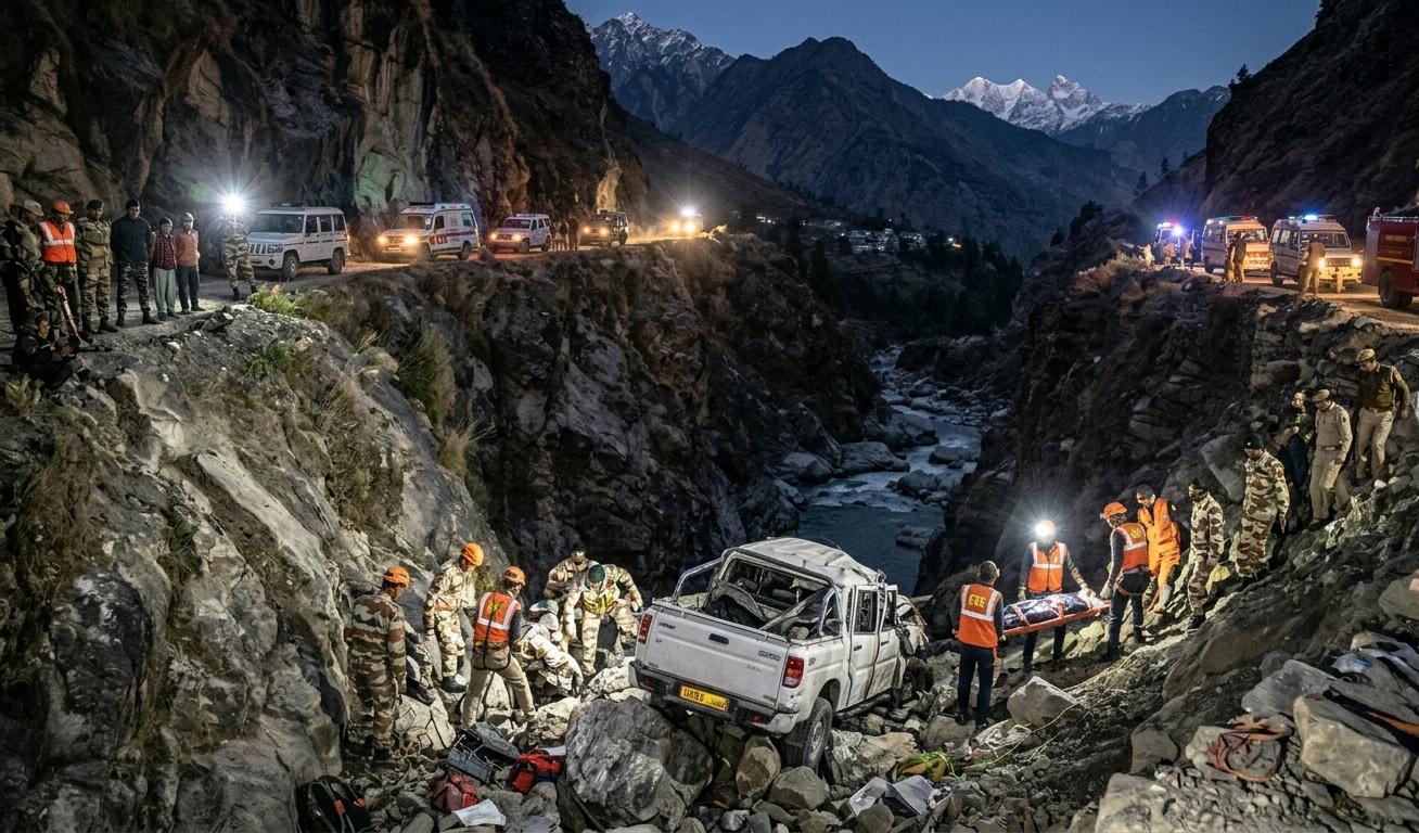 मुनस्यारी में खाई में गिरे पिकअप वाहन का रेस्क्यू करते आईटीबीपी और एसडीआरएफ के जवान