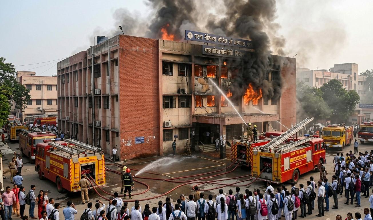 पटना पीएमसीएच माइक्रोबायोलॉजी विभाग में लगी आग और बुझाते दमकल कर्मी