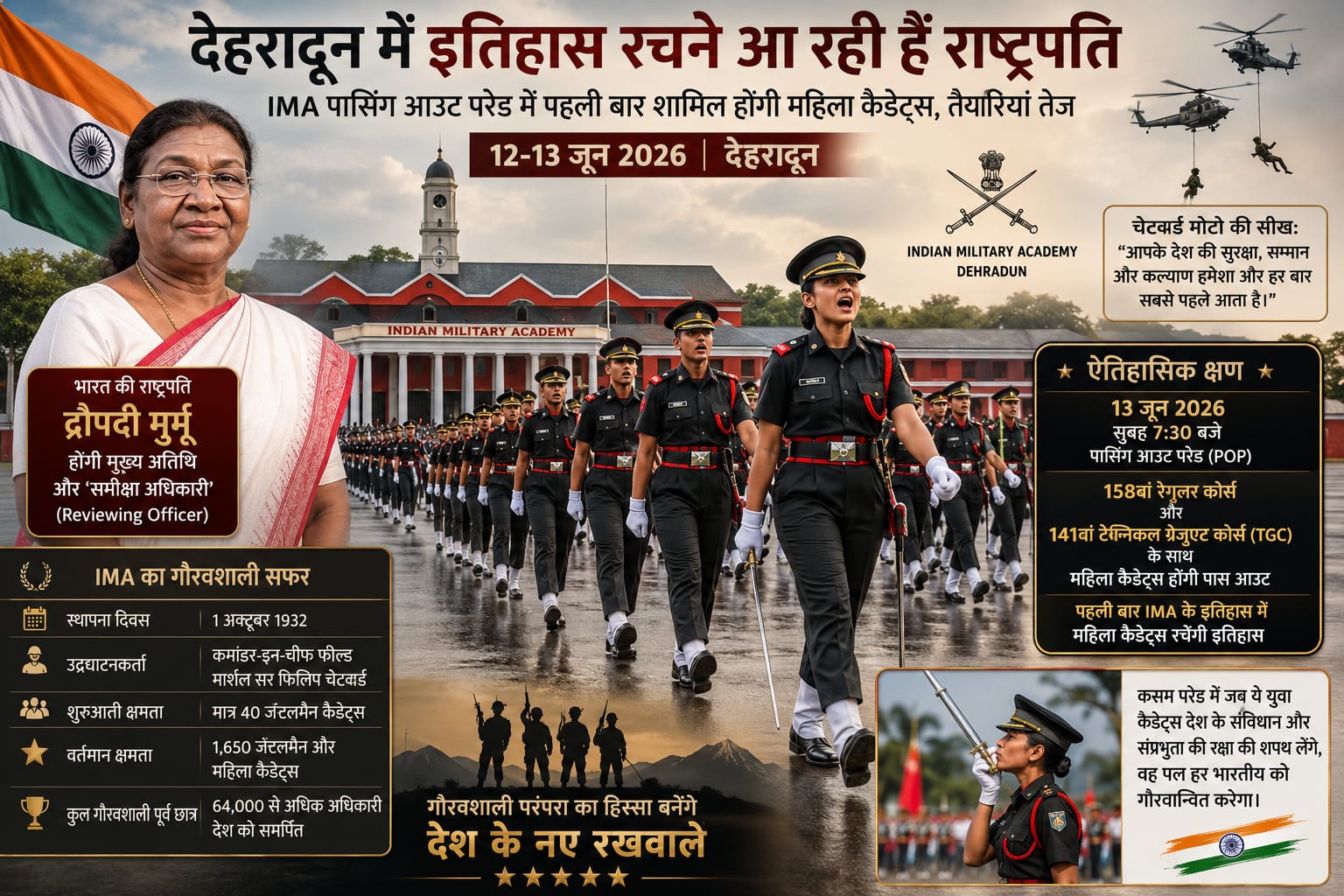 देहरादून में भारतीय सैन्य अकादमी (IMA) के चेटवोड ड्रिल स्क्वायर पर मार्च पास्ट करते कैडेट्स और मुख्य अतिथि की प्रतीकात्मक तस्वीर