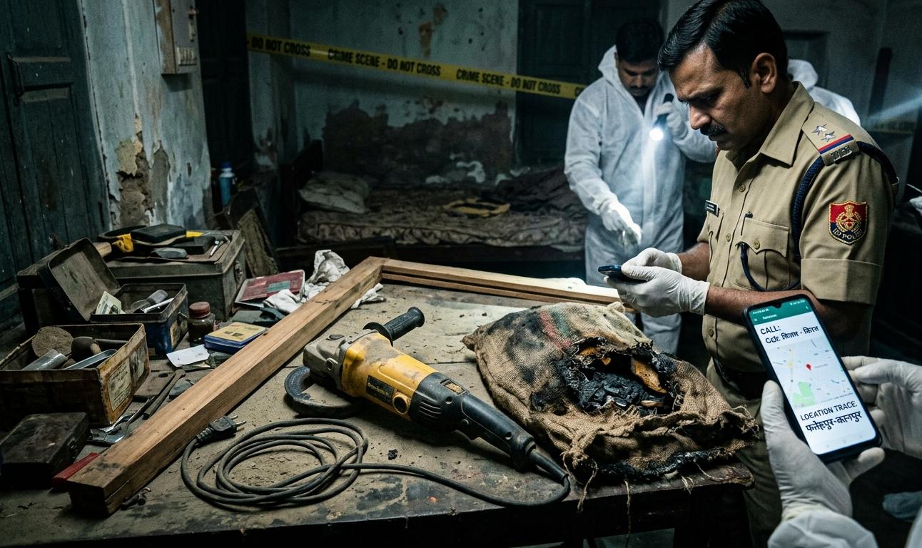 उत्तर प्रदेश पुलिस और क्राइम सीन की जांच को दर्शाती एक प्रतीकात्मक तस्वीर