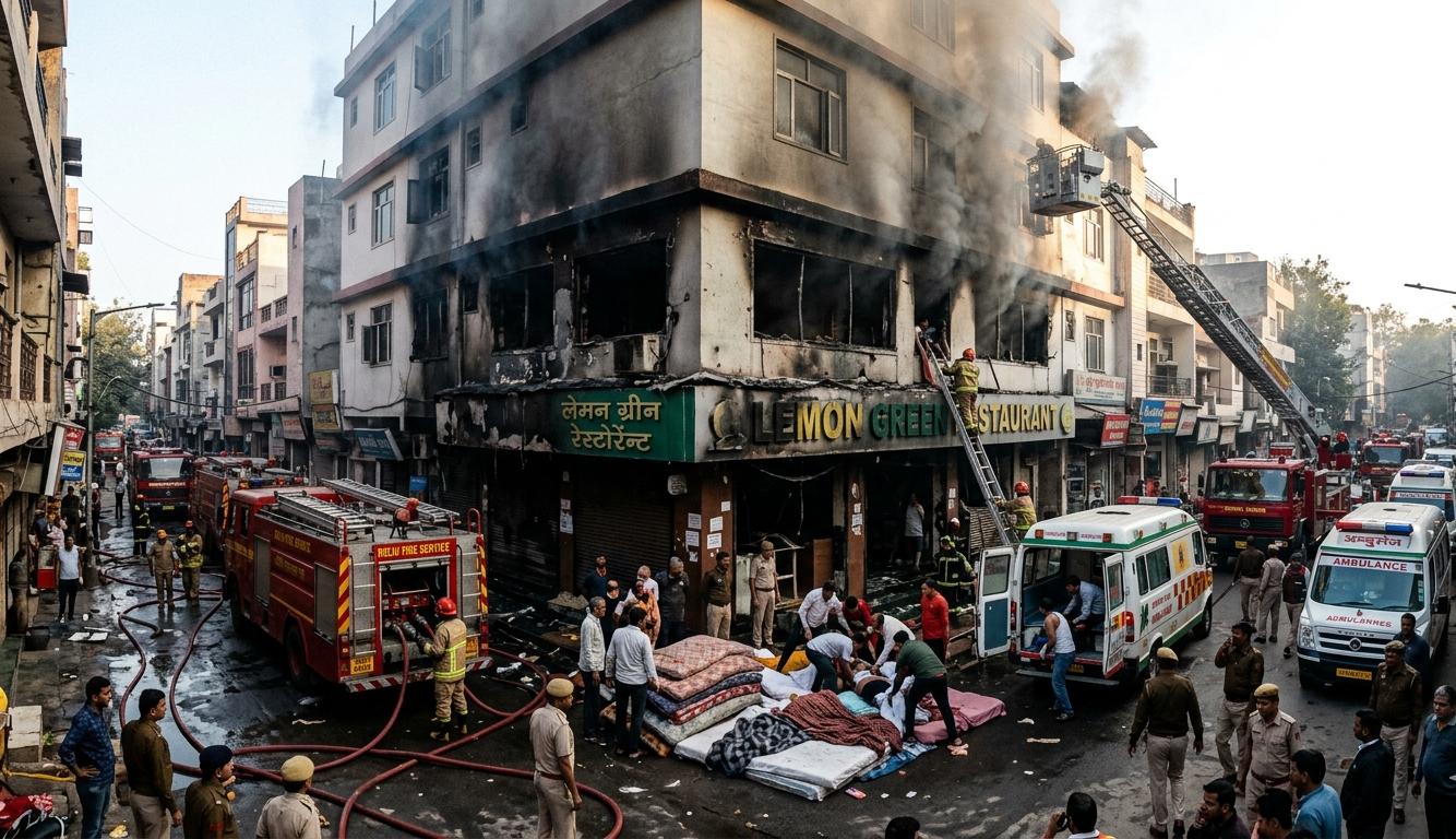 दिल्ली के मालवीय नगर में रेस्टोरेंट में लगी भीषण आग का सांकेतिक चित्र और बचाव कार्य
