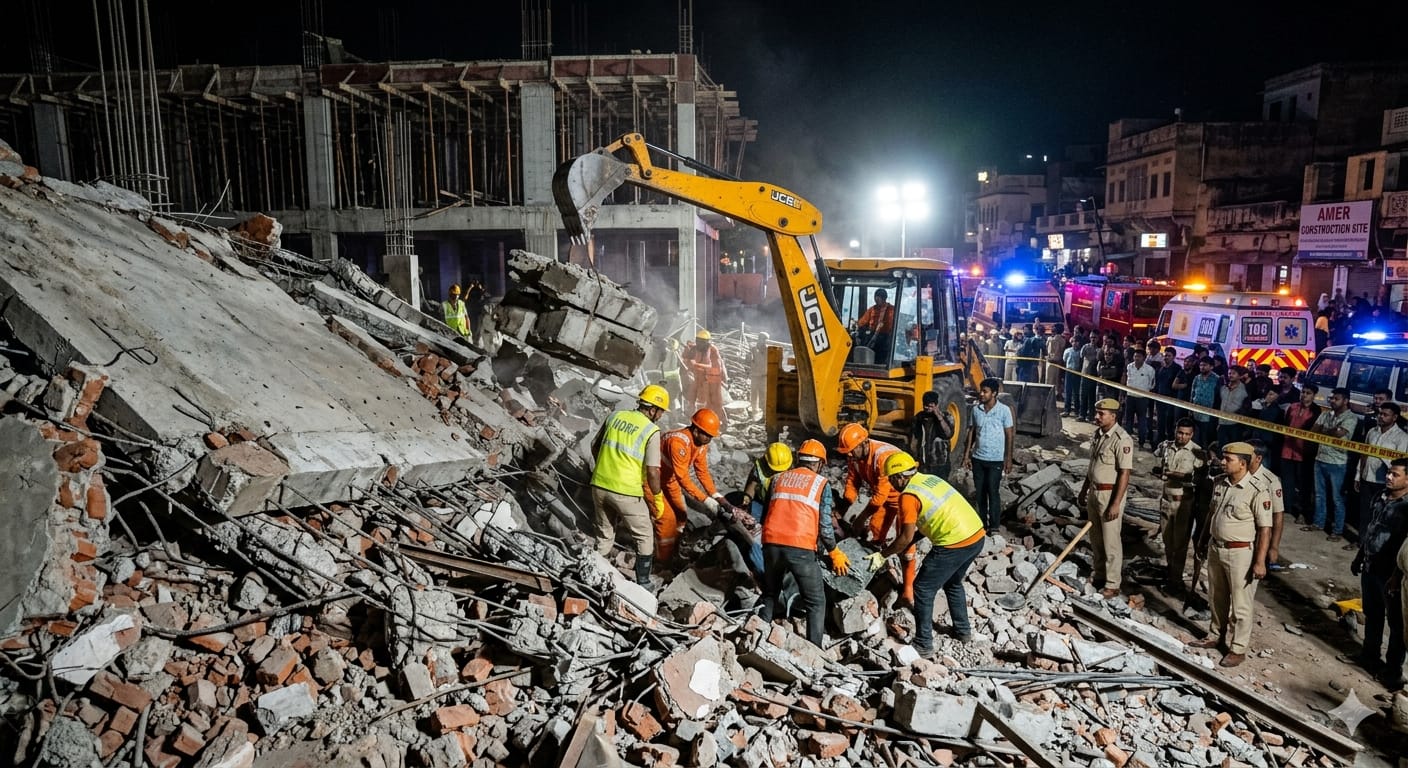 Rescue operation at a massive construction site collapse in Jaipur. Workers in hard hats and vests clear a pile of rubble mixed with rebar and bricks. A large yellow JCB excavator is in the center-left, actively removing heavy concrete slabs. Multiple police officers and emergency vehicles, including an ambulance, form a cordon in the background under floodlights.