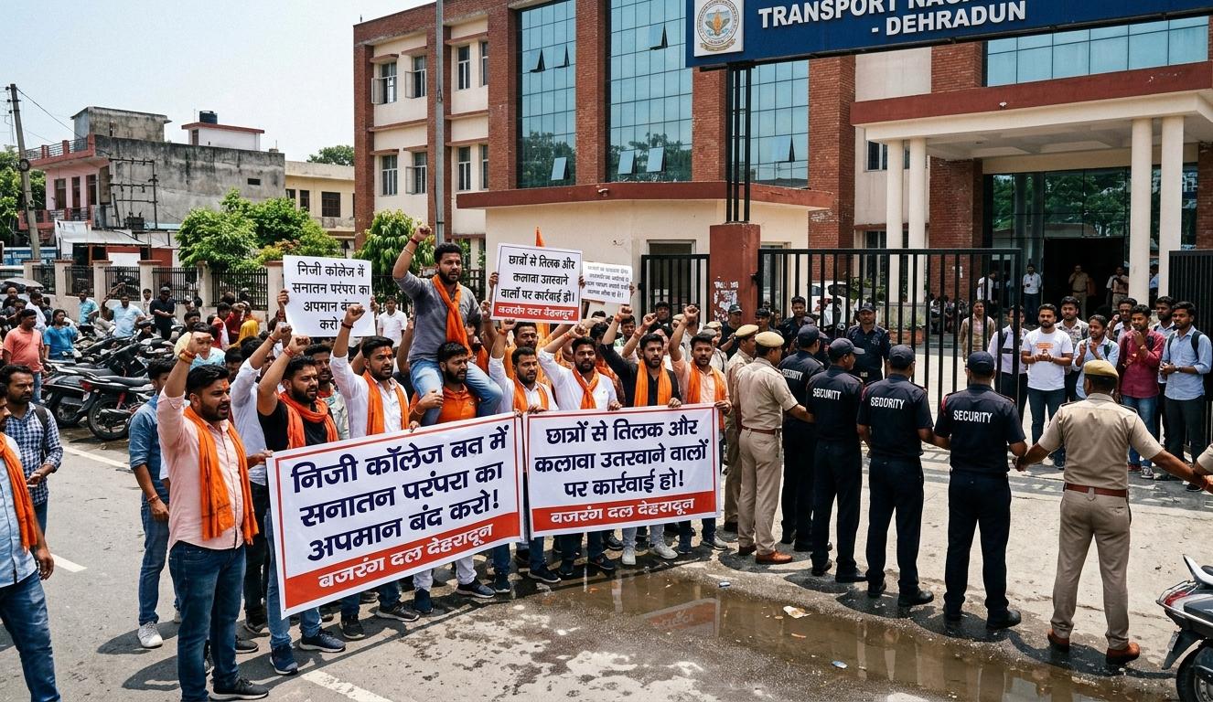 Activists holding banners in Hindi protesting outside a Dehradun college against the removal of Tilak and Kalawa from students. Police are present.