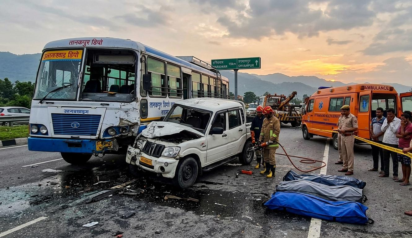 A severe road accident scene in Haridwar Shyampur involving a Tanakpur depot roadways bus and a smashed pickup van with rescue workers on site.