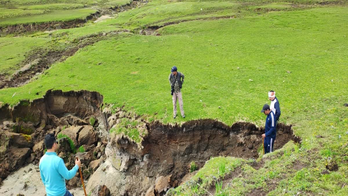 Deep erosion and landslide scars visible across Dayara Bugyal alpine meadows in Uttarakhand during the Dayara Bugyal Landslide crisis.