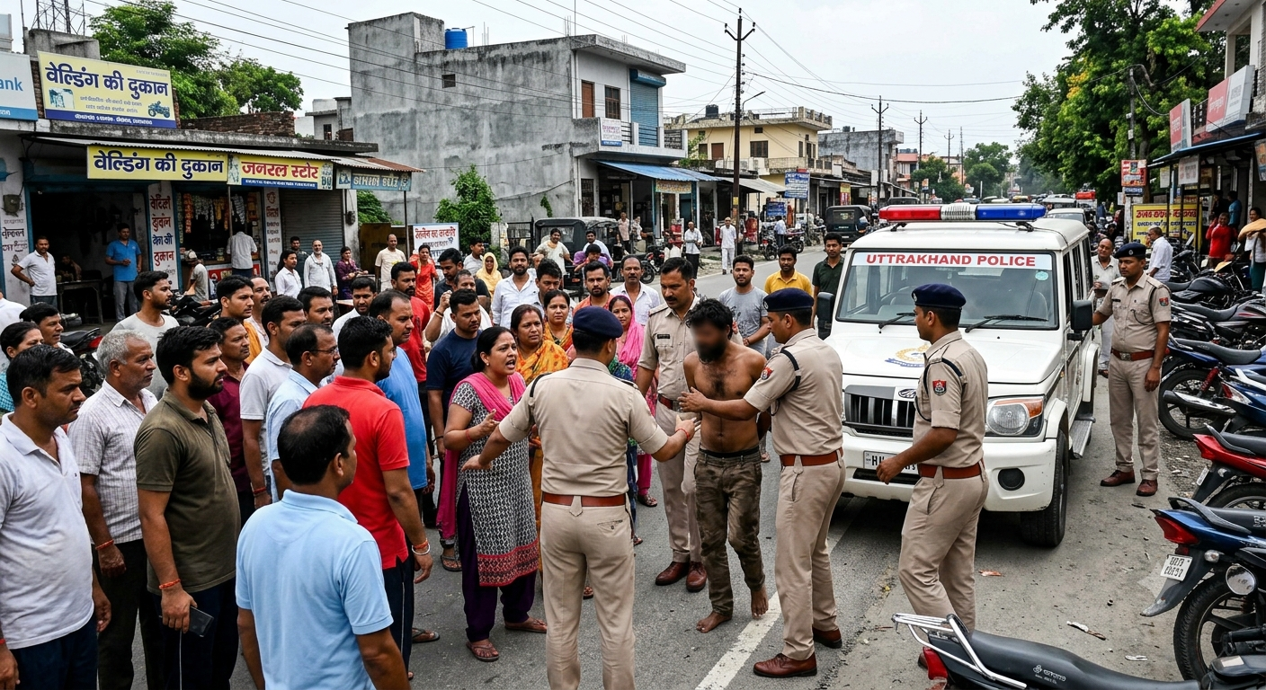 A crowd of people and police officers gathered on a street in Dehradun, Uttarakhand, handling a local case.