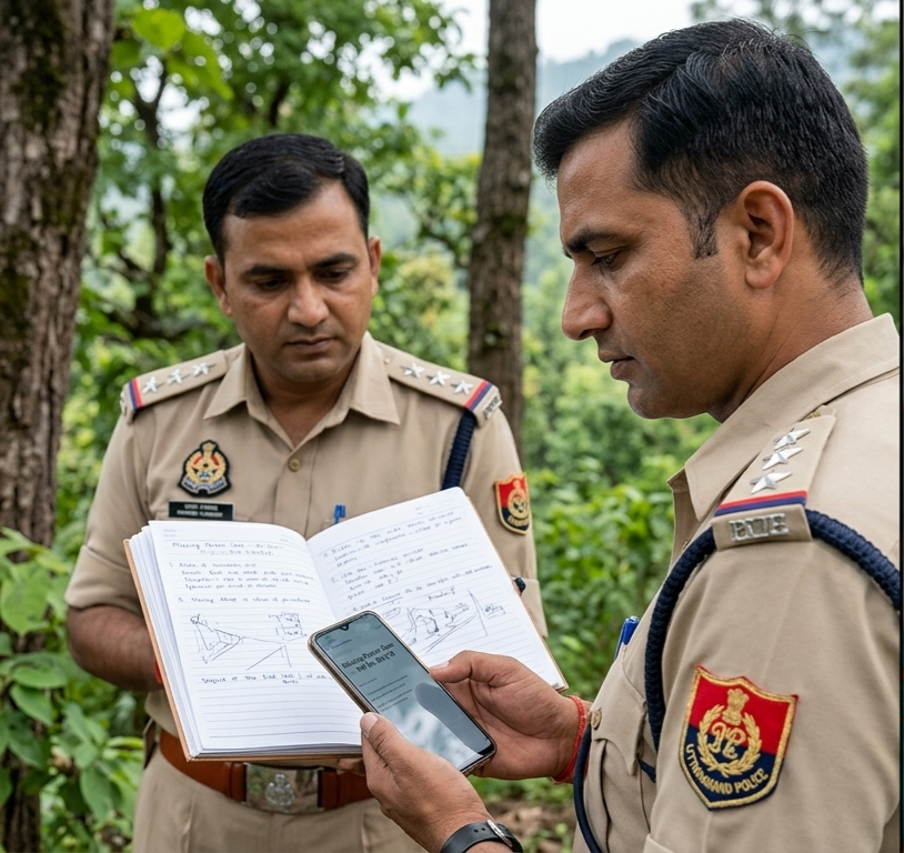 A split-screen image showing police officers examining documents on the left and a portrait of a woman in a traditional outfit on the right.