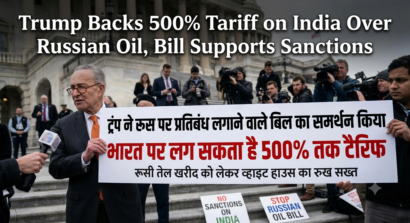 A political protest graphic showing a speaker holding a banner about Trump backing 500 percent tariff on India over Russian oil import sanctions.