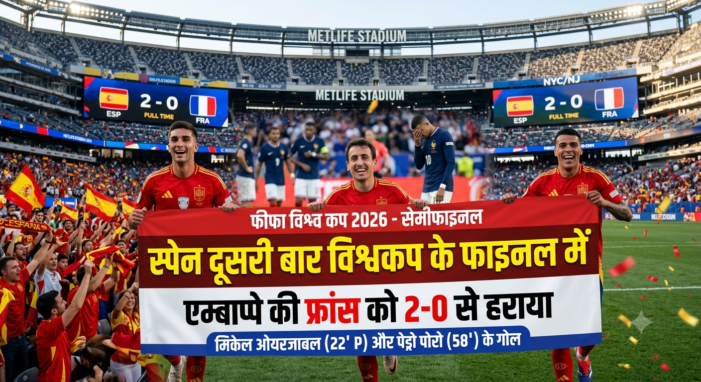 Spain football players celebrating on the field holding a banner after defeating France 2-0 in the FIFA World Cup 2026 semifinal at MetLife Stadium.