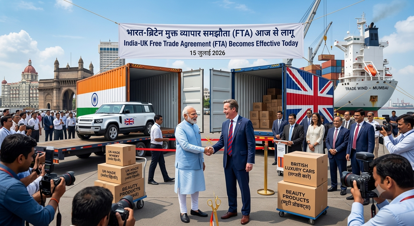 India UK Free Trade Agreement official launch event featuring cargo ships, luxury cars, and trade goods at Mumbai port.