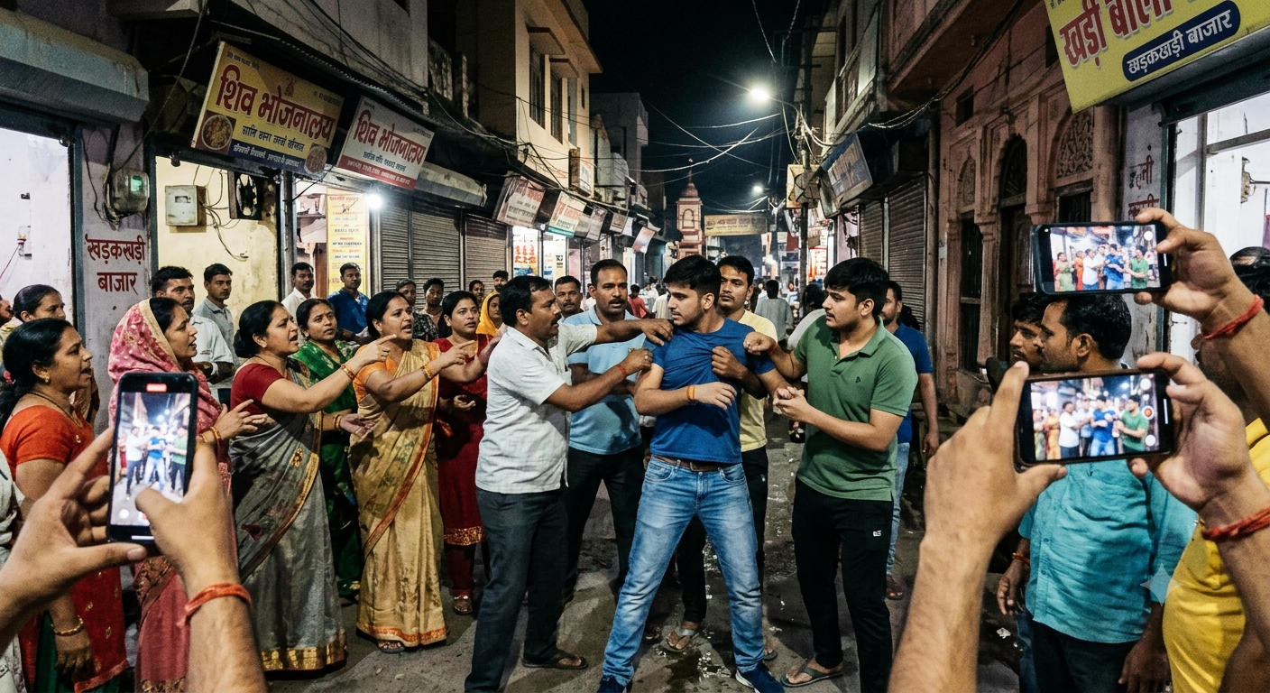 A crowd gathered on a busy street in Haridwar at night, confronting and arguing with two youths accused of eve-teasing, while onlookers record videos on their mobile phones.
