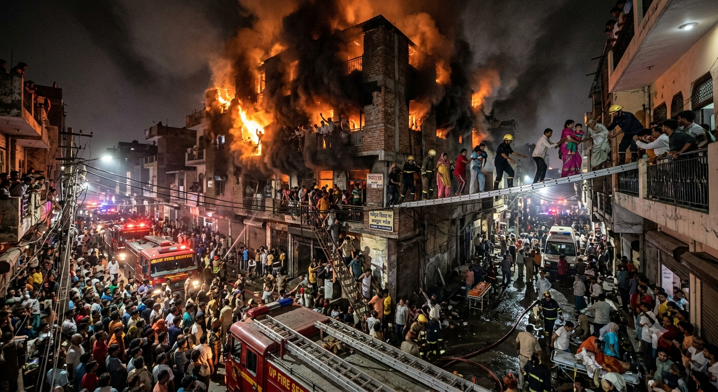 A dramatic nighttime photograph showing a five-story building engulfed in flames and smoke in the Mamura village area of Noida, Sector 66. A major rescue operation is underway in a narrow street with firefighters, rescue ladders connecting buildings, emergency vehicles, and a large crowd.