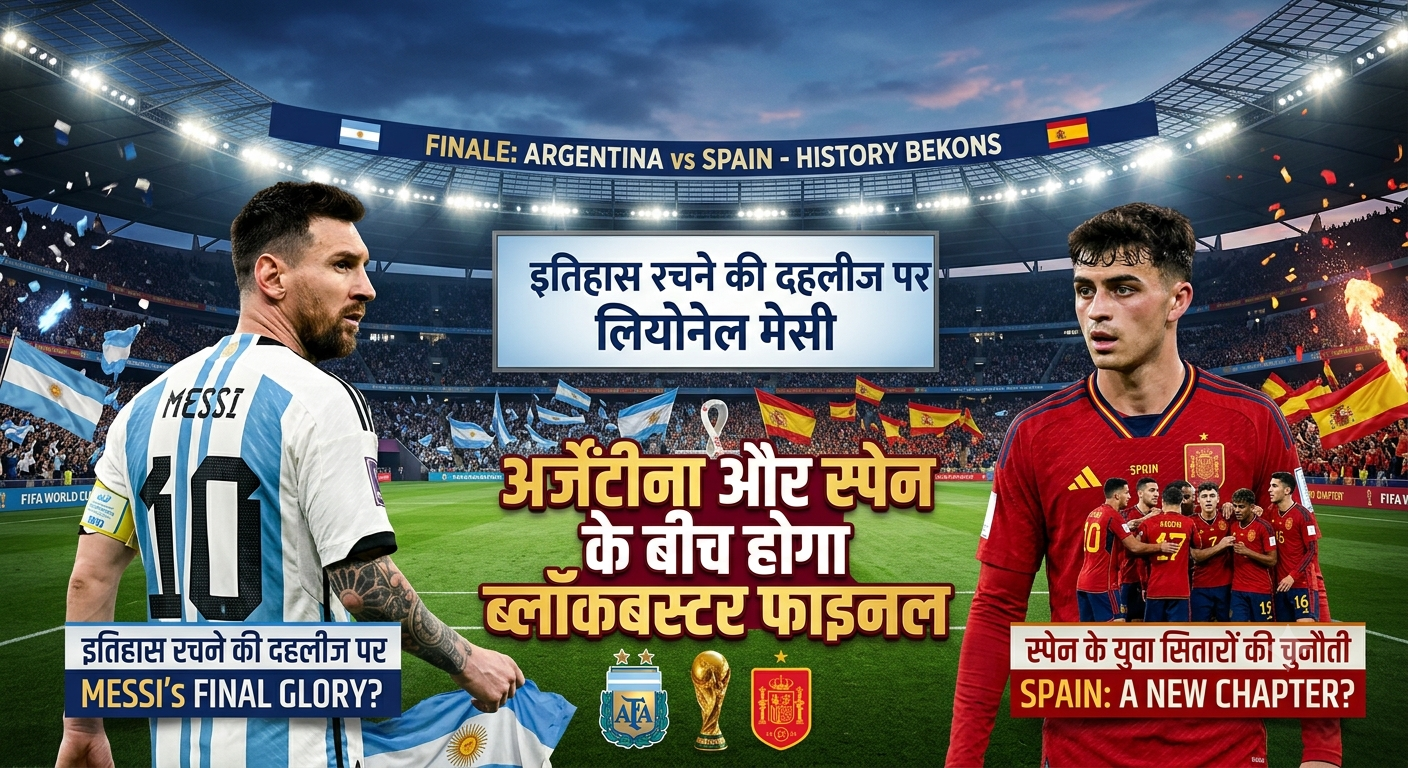 A dynamic composite image showing Lionel Messi, the Argentina captain in his light blue and white striped kit, facing Rodri, the Spain captain in his solid red kit, inside a massive, illuminated football stadium. A World Cup trophy and a graphic banner reading "BLOCKBUSTER FINAL: ARGENTINA VS SPAIN" separate them. The stands are packed with cheering fans from both nations.