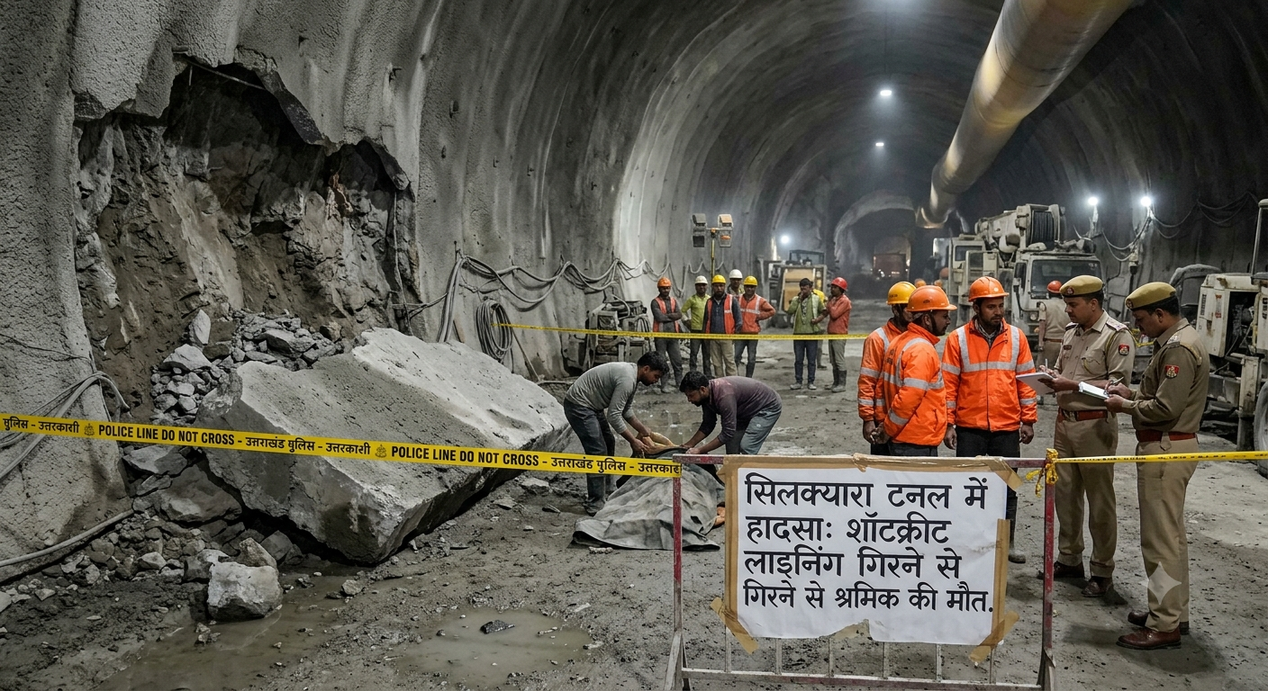 A dramatic news photograph from inside the under-construction Silkyara Tunnel in Uttarkashi. On the left, a large concrete block from the collapsed shotcrete lining lies on the muddy ground with police tape marked "POLICE LINE DO NOT CROSS" running across the scene. In the center, rescue workers and police officers in uniform are inspecting the site, while a white handwritten signboard in Hindi script reads details about the accident. Heavy construction machinery and a ventilation pipe are visible in the dimly lit background.