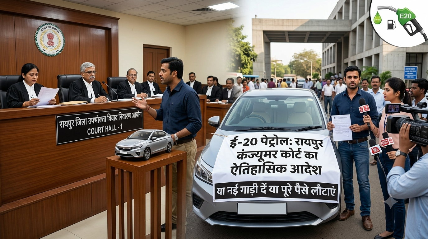 A split photo showing Raipur Consumer Court judges on one side and a car with a banner about the historical E20 petrol verdict on the other, surrounded by media.