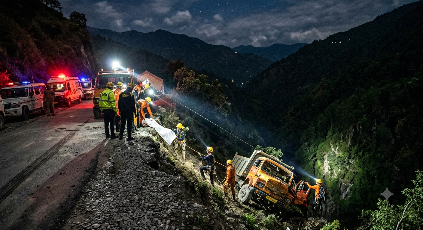 SDRF and NDRF rescue teams conducting a night search operation for a crashed dumper truck in a deep gorge near Tarsali-Fata road in Rudraprayag, Uttarakhand.