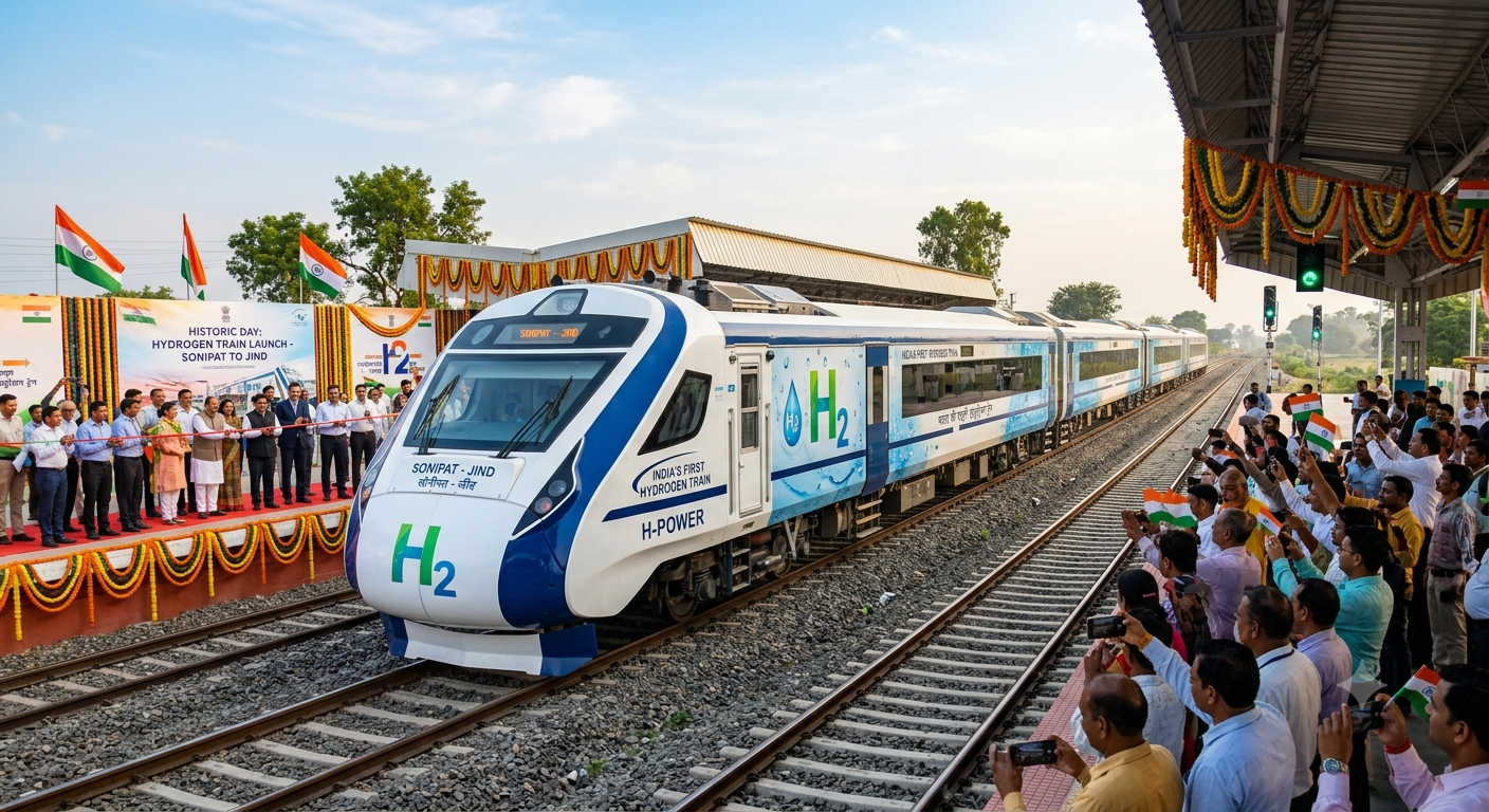 India's first hydrogen fuel cell train departing from Jind railway station in Haryana