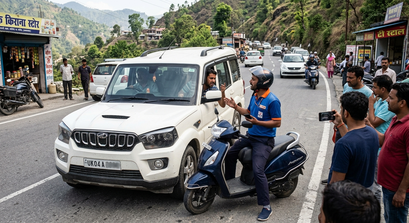 A petrol pump worker on a scooter chasing and stopping a white Scorpio SUV on a mountain highway in Bhimtal, Uttarakhand, surrounded by a crowd.