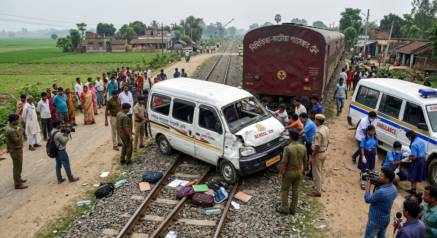 A damaged white school van on a railway track after colliding with a passenger train in Murshidabad, West Bengal, with local people, police, and an ambulance at the spot.