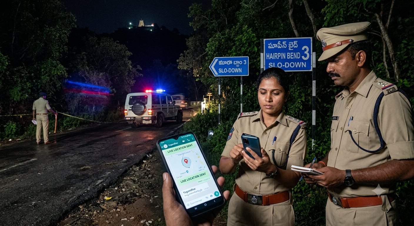 Police investigating a crime scene at a hairpin bend at night with a smartphone showing live location sent