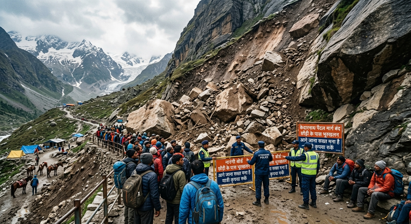 Security forces stopping a large crowd of pilgrims at a checkpoint on the Kedarnath trekking route due to a massive landslide blocking the path with boulders.
