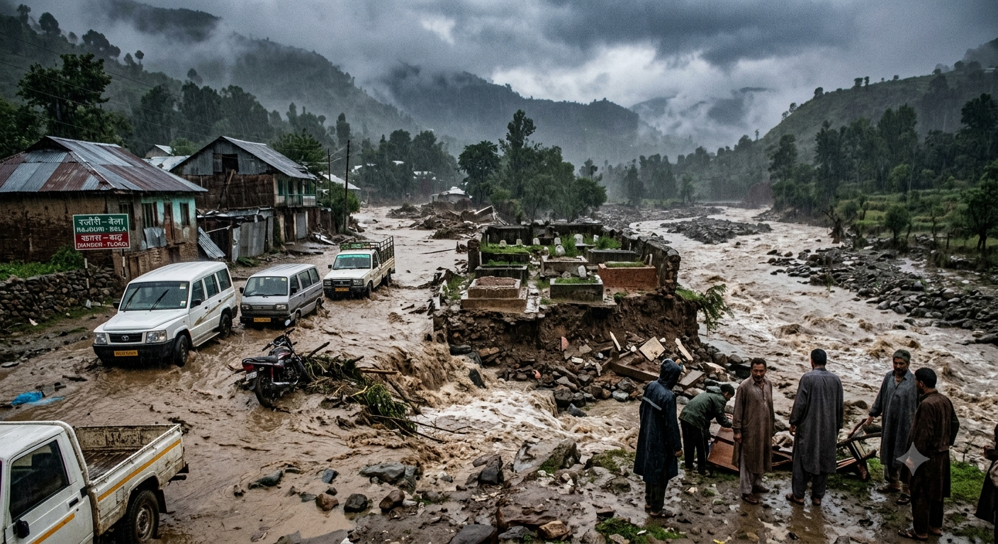 A photojournalistic image capturing the aftermath of a cloudburst and flash flood in Rajouri, Jammu and Kashmir. The raging muddy Darhali River overflows its banks, washing away a section of a stone cemetery and submerging multiple vehicles and houses. Several distressed villagers in traditional clothes stand by the riverbank in the heavy rain and overcast light.