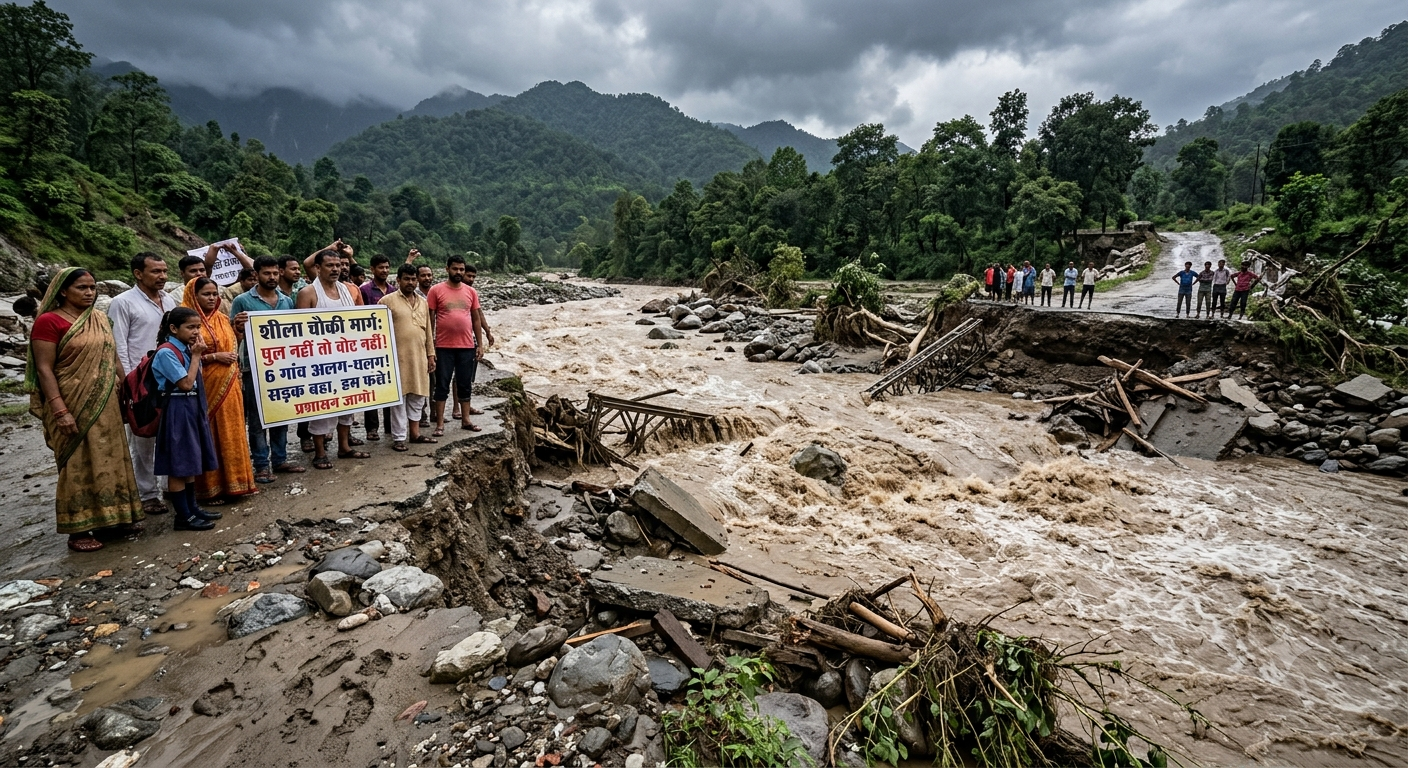 A photojournalistic shot in a mountainous valley of Uttarakhand, showing a raging muddy river that has completely washed away a temporary bridge and broken the road connection. On the left riverbank, a group of distressed rural villagers, including a schoolgirl, stand near the collapsed edge holding a protest banner in Hindi. Across the turbulent, debris-filled water, another group of villagers looks on from the cut-off road under an overcast sky.