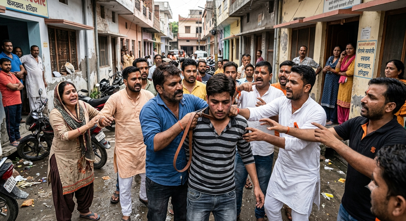 A dramatic photojournalistic image capturing a chaotic street scene in Kankhal, Haridwar. A group of aggressive local men and right-wing activists are assaulting a young man in a striped t-shirt. One man in a blue shirt holds a thick leather belt looped around the victim's neck like a collar. To the left, a distressed woman in a traditional salwar kameez cries out and reaches out, trying to intervene. The background shows a narrow residential street with onlookers watching from doorways under an overcast sky