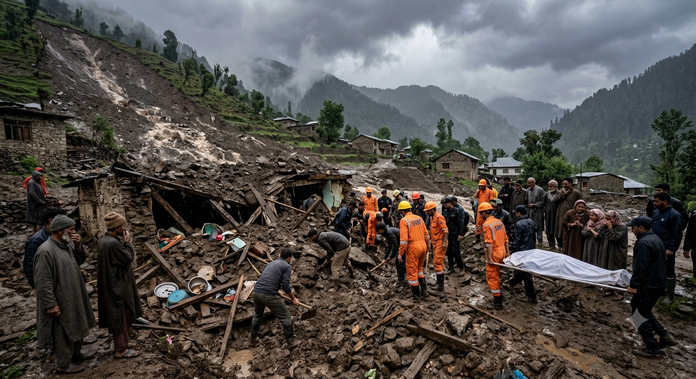 Rescue workers and locals searching through mud and debris of a collapsed house after a deadly cloudburst and landslide in Poonch, Jammu and Kashmir.