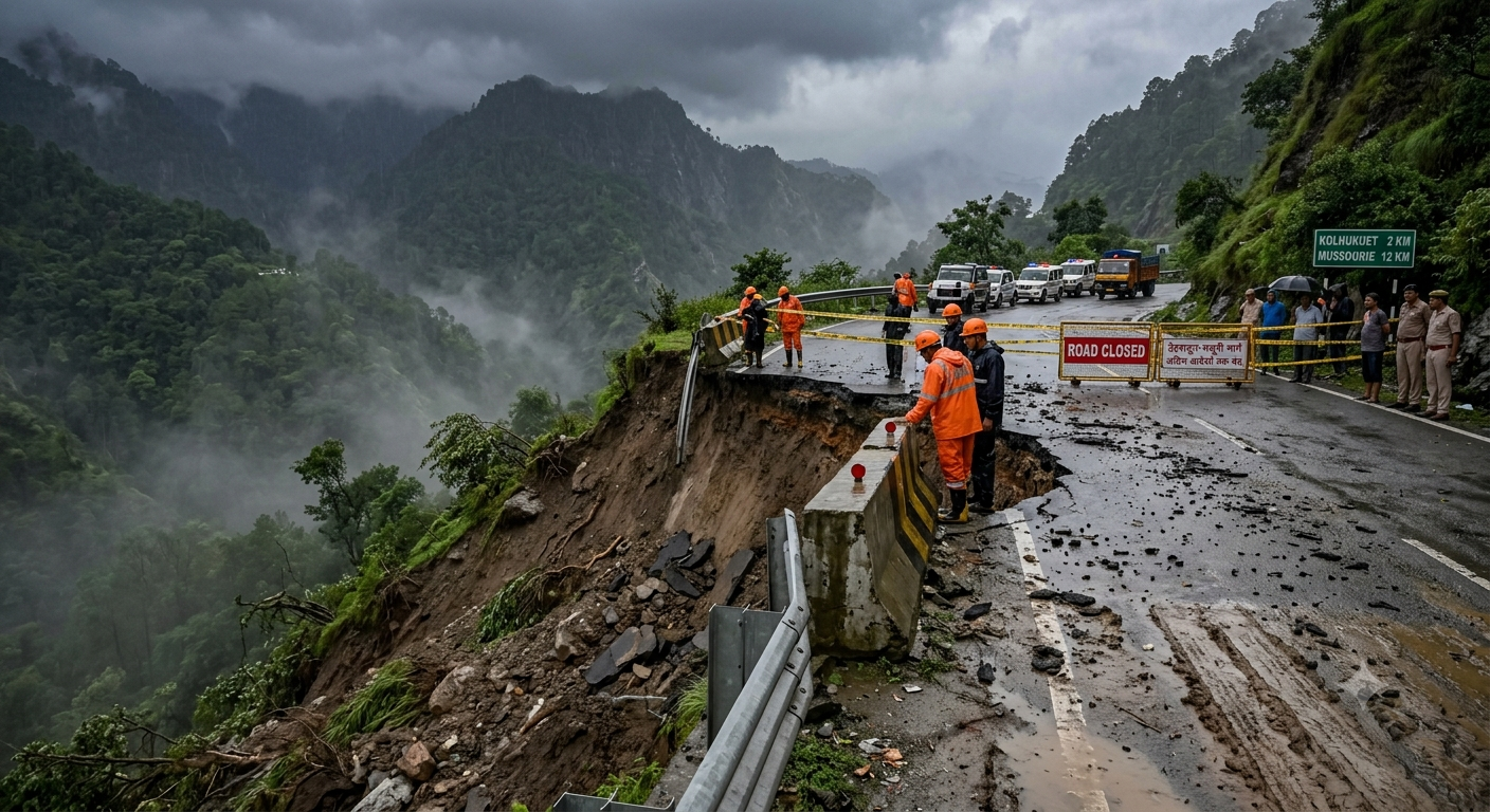 A collapsed section of the Dehradun-Mussoorie highway near a steep valley cliff after heavy rainfall, with rescue workers placing barricades and a 'Road Closed' sign.