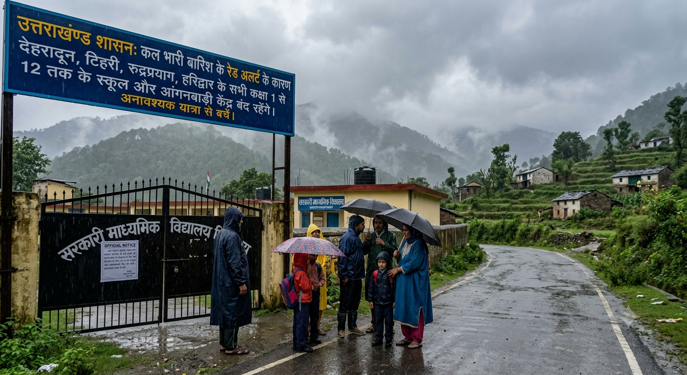A closed government school gate in rural Uttarakhand during heavy monsoon rains, with a large blue official notice board in Hindi and parents with children holding umbrellas outside.