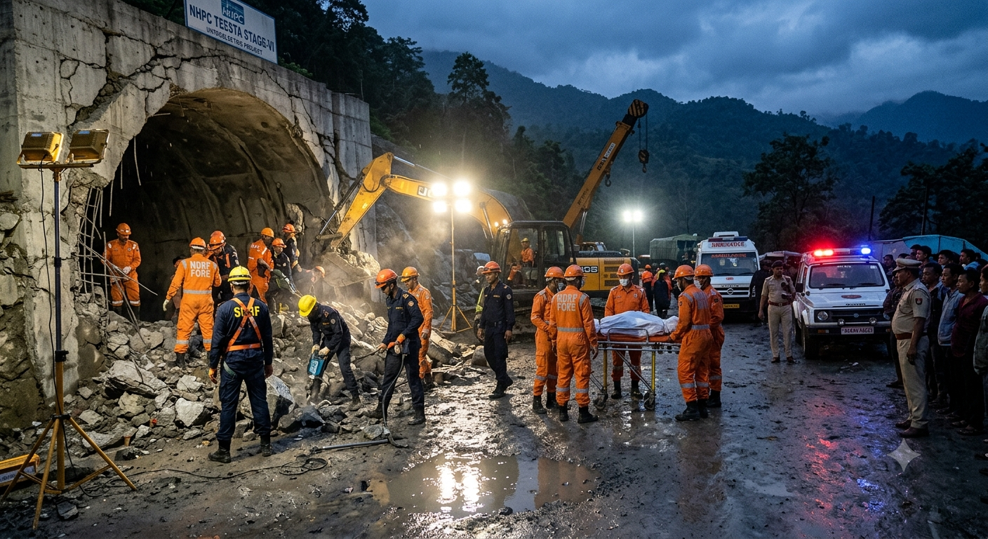 NDRF and emergency teams conducting rescue operation at the collapsed NHPC Teesta Stage 6 tunnel site in Sikkim