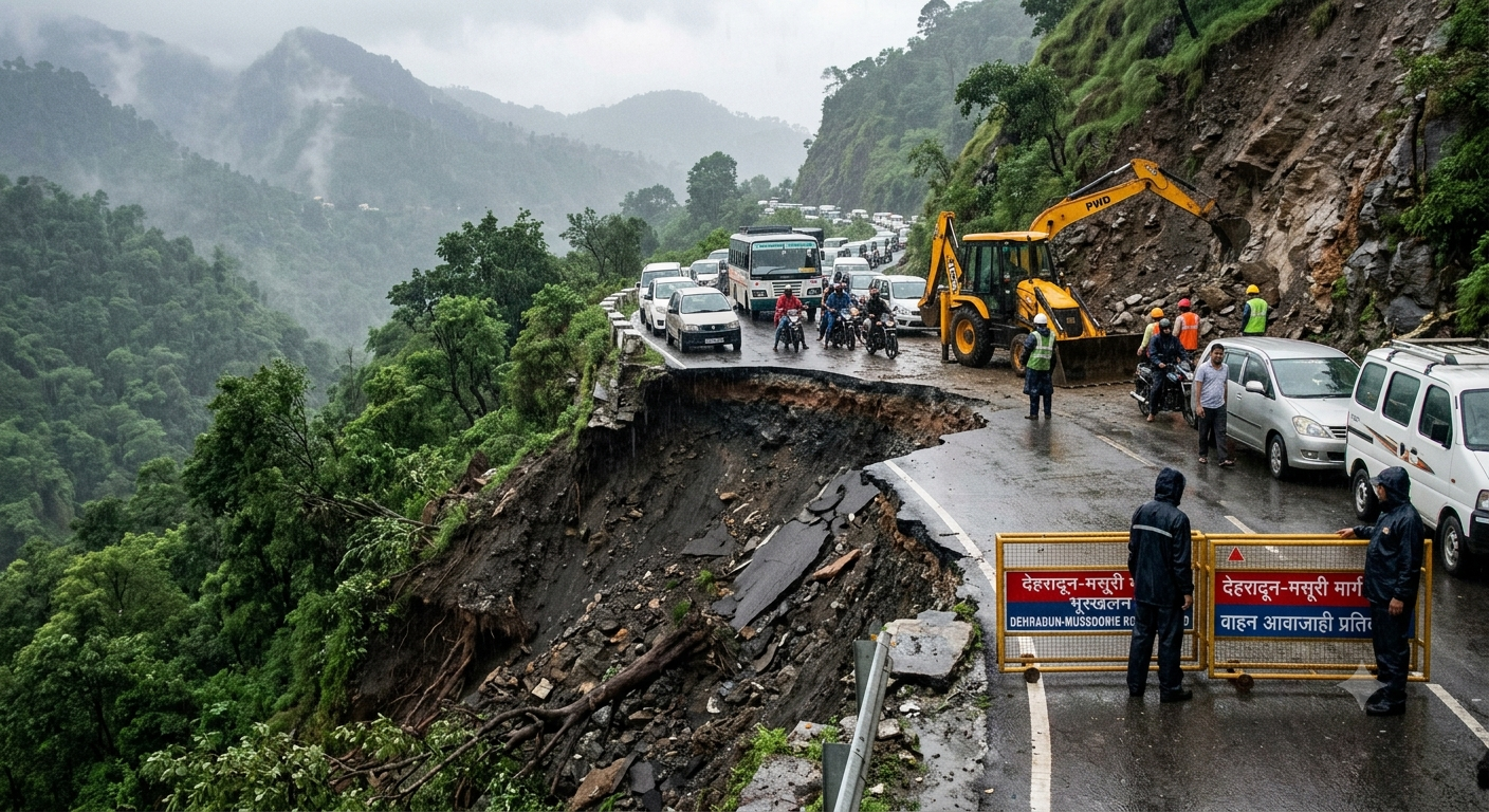 A massive landslide on the Dehradun-Mussoorie highway at Paniwala Bend.