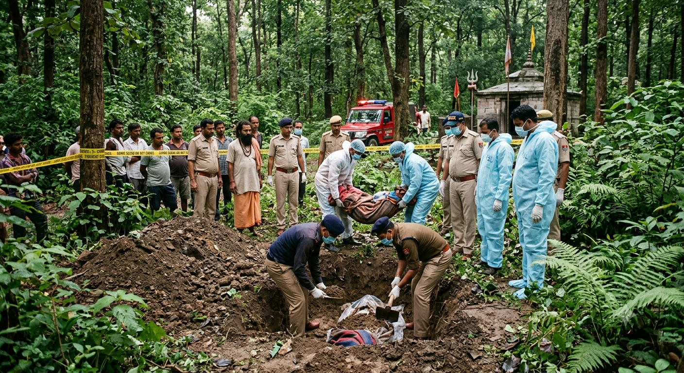 Police and forensic teams exhuming the bodies of two murdered monks buried in a forest pit near Pathreshwar Mahadev Temple in Haridwar.