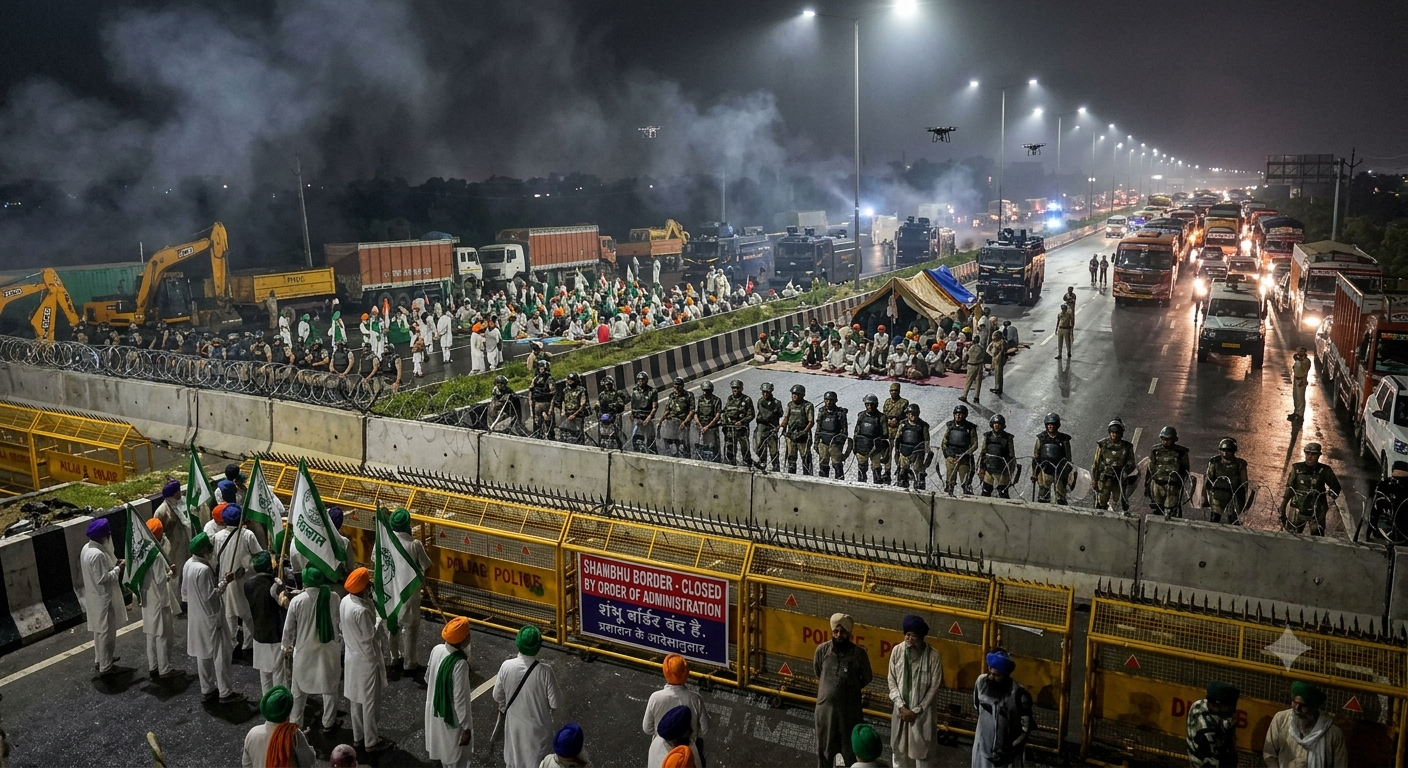 Heavily barricaded Shambhu border at night with farmers protesting and security forces deployed.