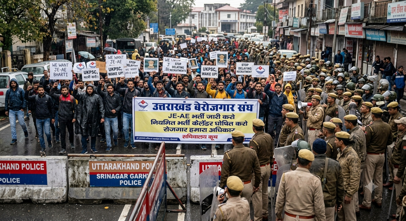 Hundreds of young protesters from the Uttarakhand Unemployed Union march towards the Secretariat on a rainy day in Dehradun. They hold banners demanding JE-AE recruitments and a clear calendar, while a large formation of Uttarakhand Police in riot gear stands behind barricades to block their path.