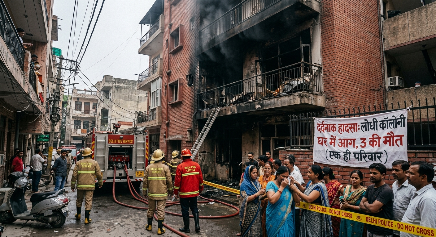 Firefighters and emergency responders at a residential building fire scene in Lodhi Colony, Delhi.