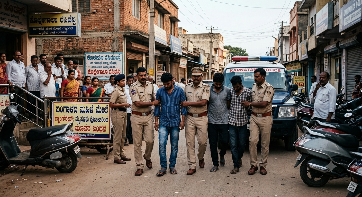 Karnataka Police officers escorting arrested suspects near a police vehicle in Mysore.