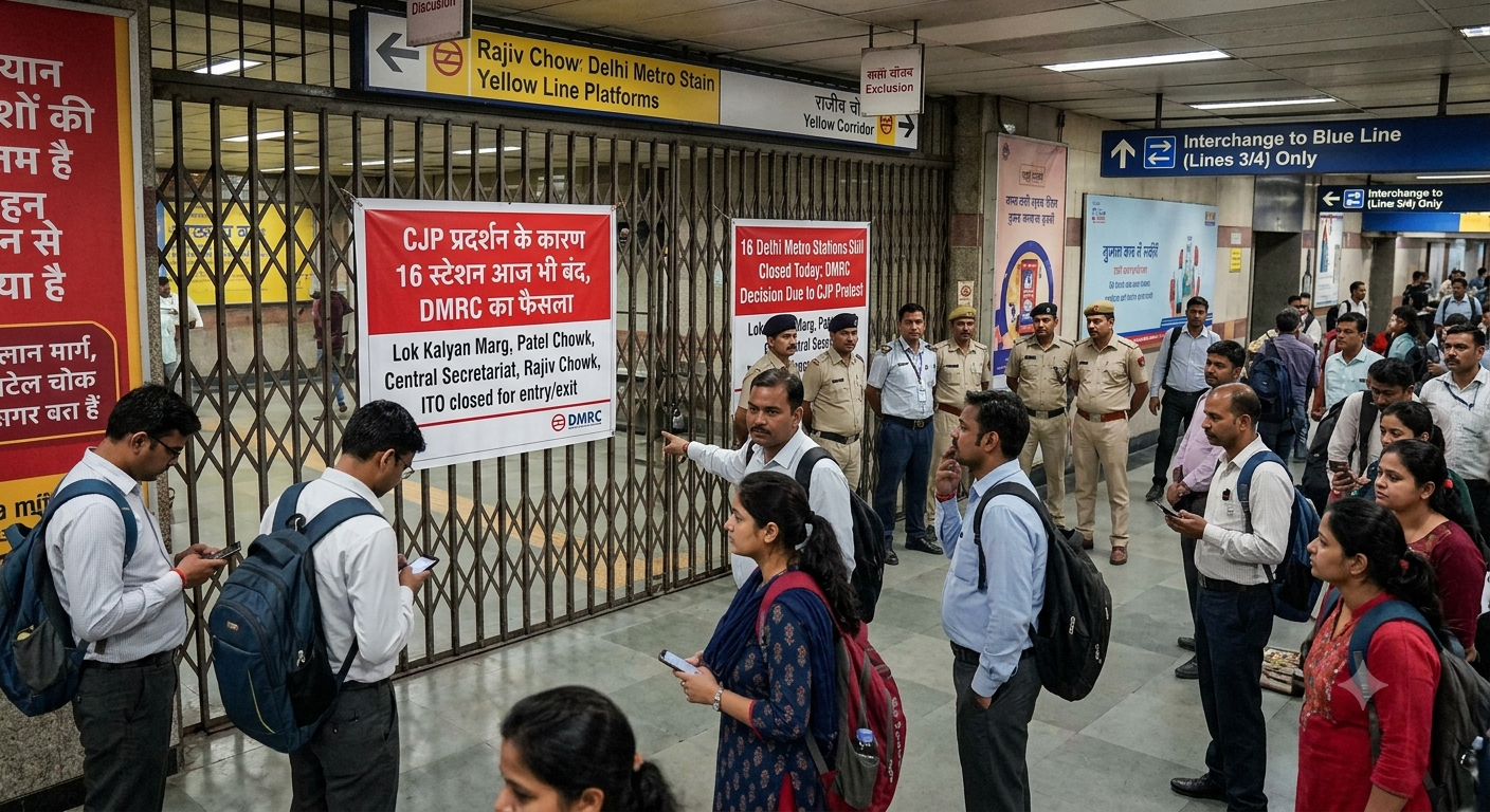 Delhi Metro station security gates closed with passengers waiting outside during CJP Sansad March protest